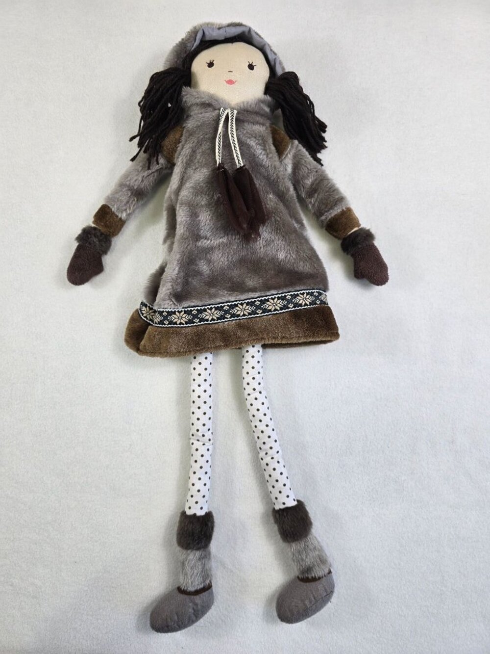 Pottery Barn Kids Plush Rag Doll Faux Fur Coat Polka Dot Legs Brown Yarn Hair